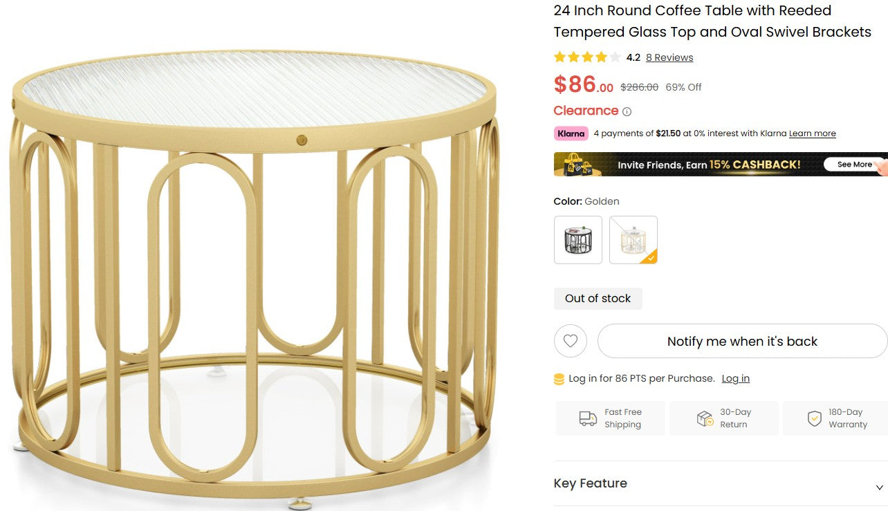 24 Inch Round Coffee Table with Reeded Tempered Glass Top and Oval Swivel Brackets Costway