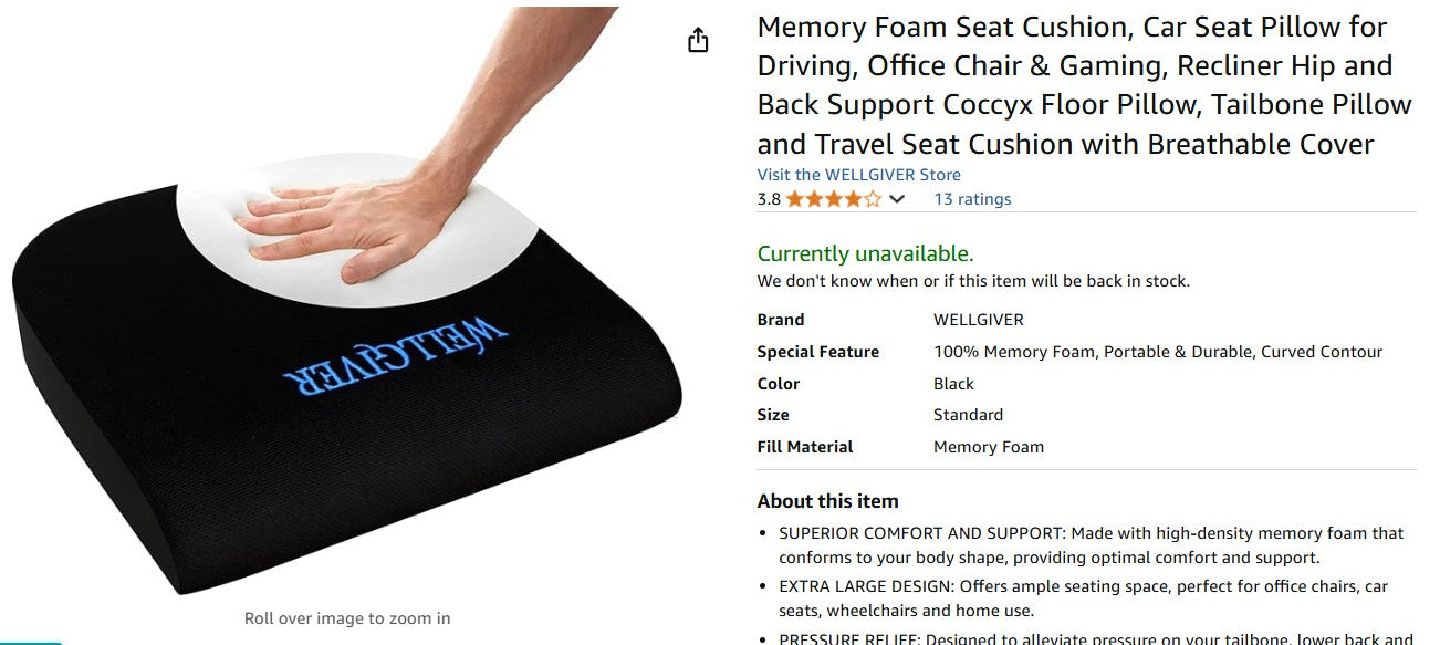 Memory Foam Seat Cushion, Car Seat Pillow for Driving, Office Chair & Gaming WellGiver