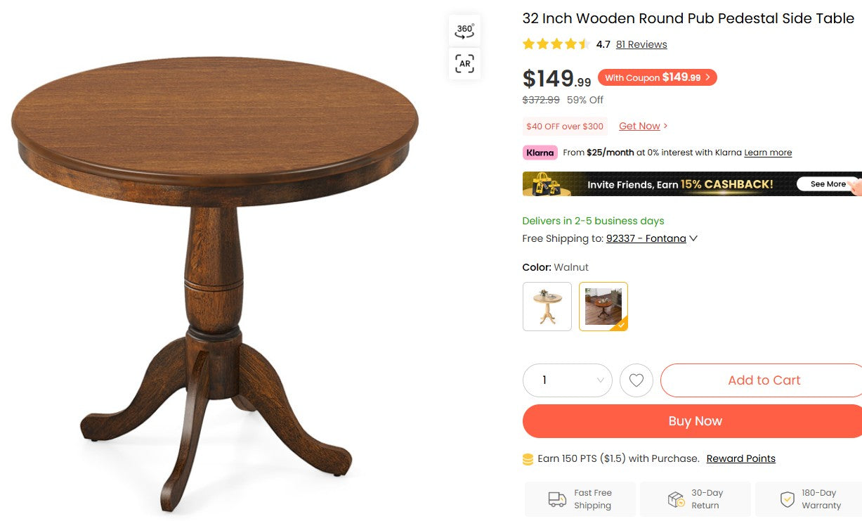 32 Inch Wooden Round Pub Pedestal Side Table Costway