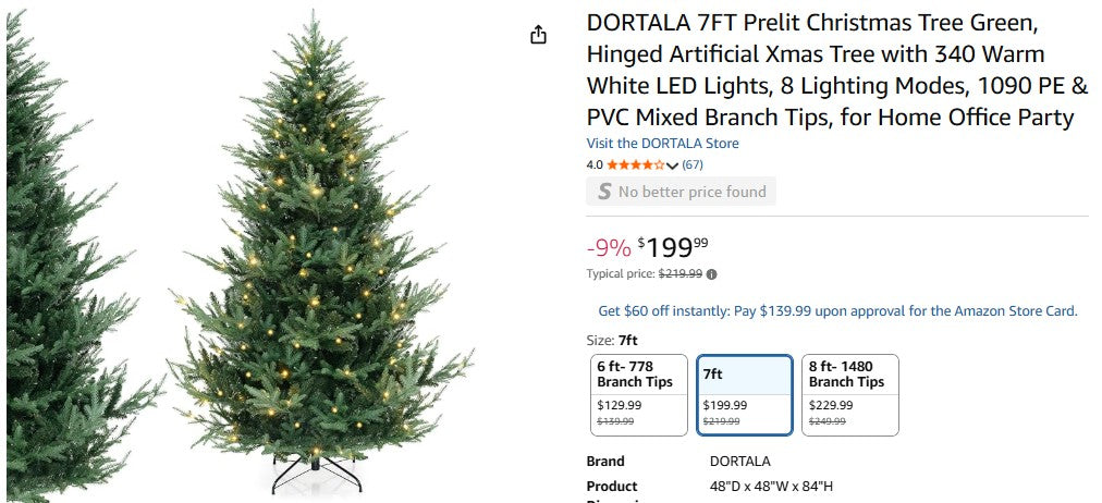 DORTALA 7FT Prelit Christmas Tree Green, Hinged Artificial Xmas Tree with 340 Warm White LED Lights Dortala