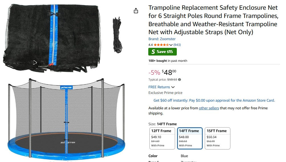 Trampoline Replacement Safety Enclosure Net for 6 Straight Poles Round Frame Trampolines Zoomster
