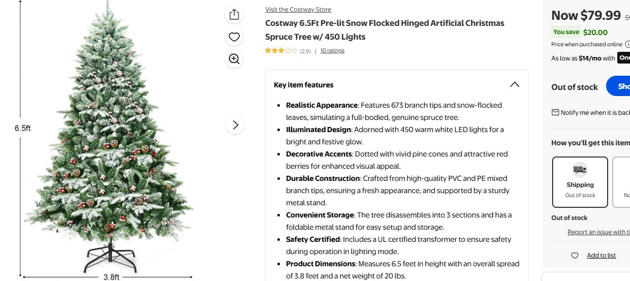 Costway 6.5Ft Pre-lit Snow Flocked Hinged Artificial Christmas Spruce Tree w/ 450 Lights Costway