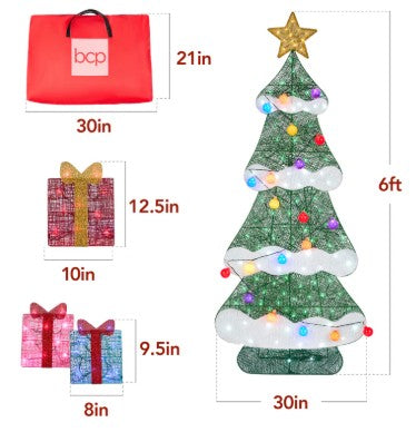 6ft Lighted 2D Christmas Tree Outdoor Decor w/ 170 LED Lights, 3 Gift Boxes BCP