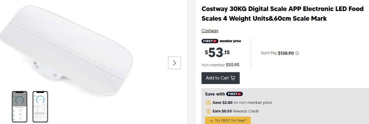 Costway 30KG Digital Scale APP Electronic LED Food Scales 4 Weight Units&60cm Scale Mark Costway