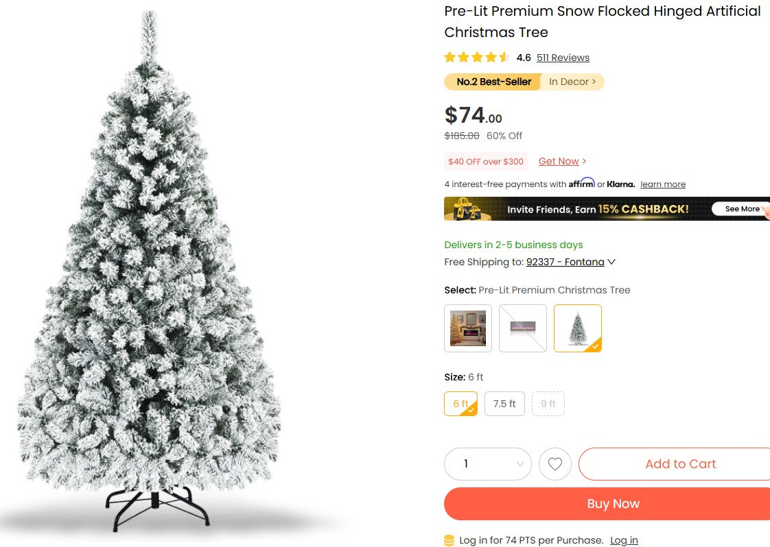 6' Pre-Lit Premium Snow Flocked Hinged Artificial Christmas Tree Costway