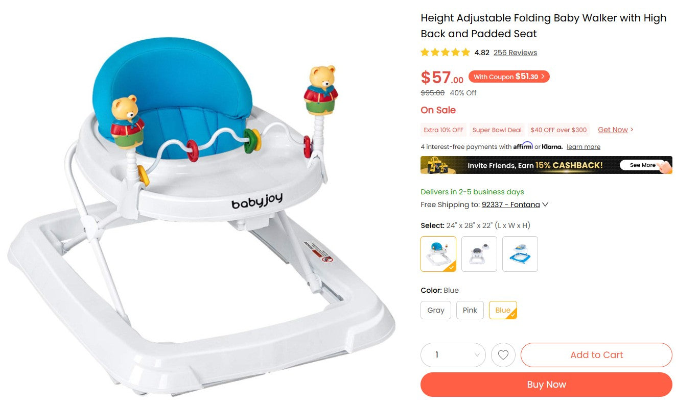 Height Adjustable Folding Baby Walker with High Back and Padded Seat BabyJoy