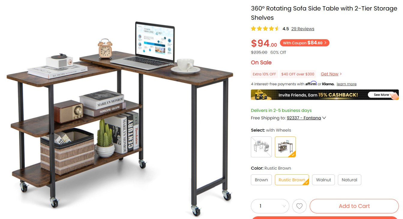 Costway Rotating Side Table - 2-Tier Shelves & Lockable Wheels