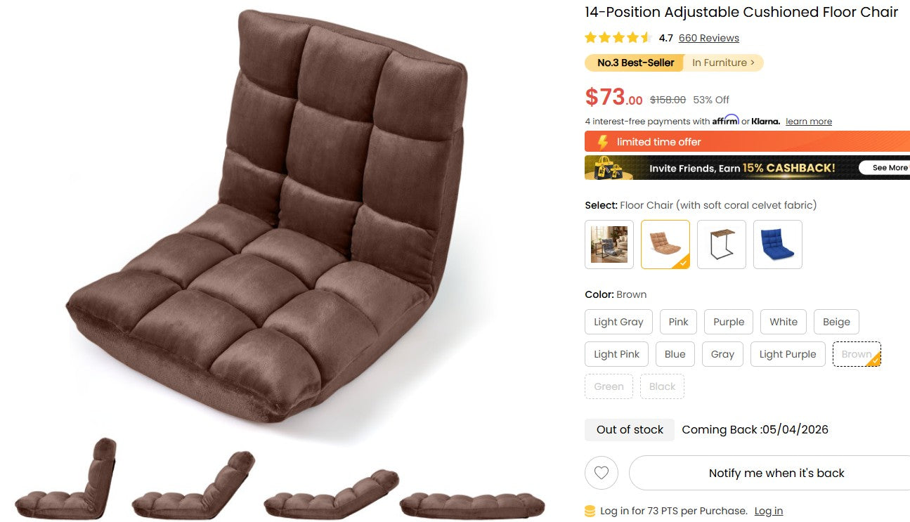 Costway Adjustable Floor Chair - 14-Position Luxury Comfort