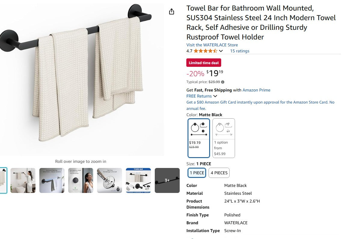 Towel Bar for Bathroom Wall Mounted, Stainless Steel 24 Inch Modern Towel Rack Waterlace