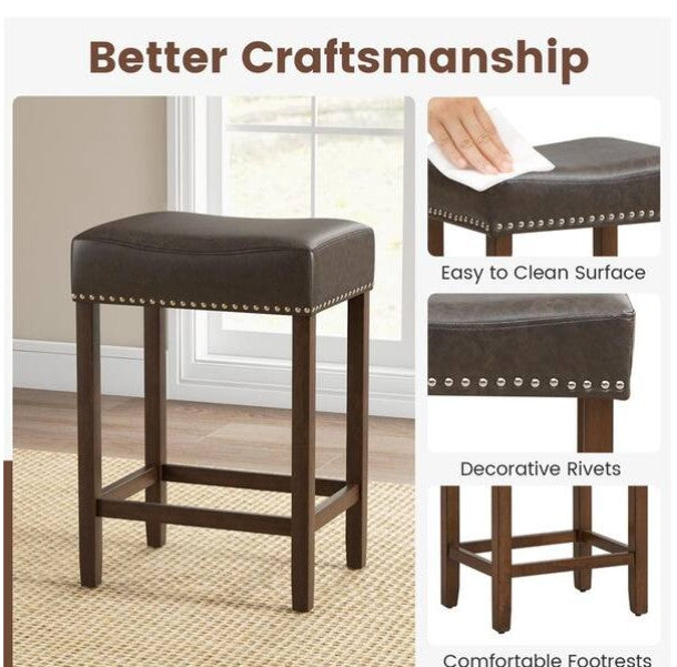24 in. Brown Backless Wood Bar Stool with PU Seat Set of 2