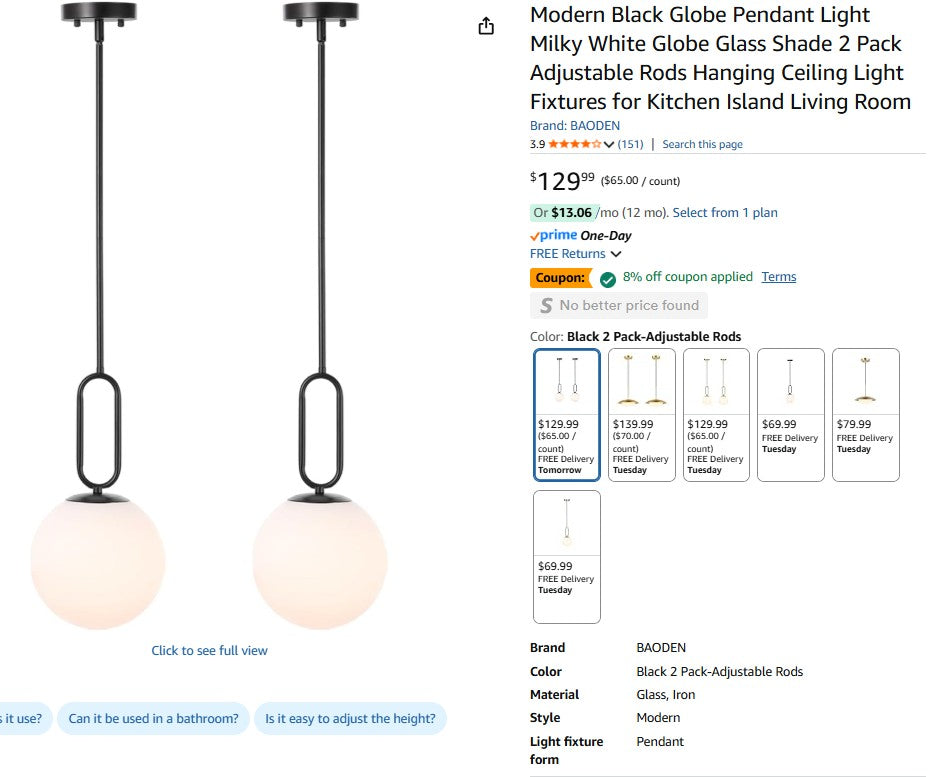 Modern Black Globe Pendant Light Milky White Globe Glass Shade 2 Pack Adjustable Baoden
