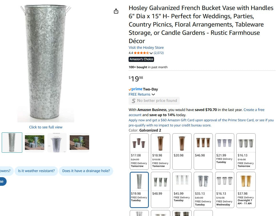 Hosley Galvanized French Bucket Vase with Handles 6" Dia x 15" H Hosley