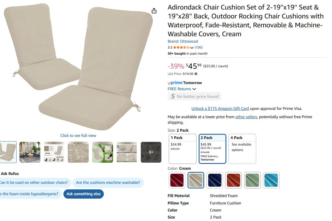 Adirondack Chair Cushion Set of 2-19''x19'' Seat & 19''x28'' Back Ottowood