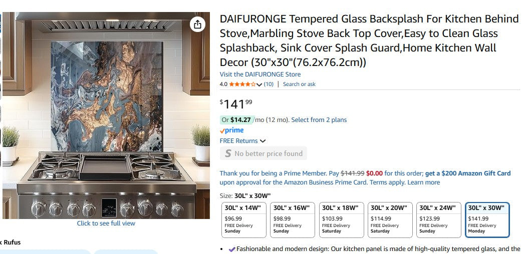 DAIFURONGE Tempered Glass Backsplash For Kitchen Behind Stove,Marbling (30"x30") Daifuronge