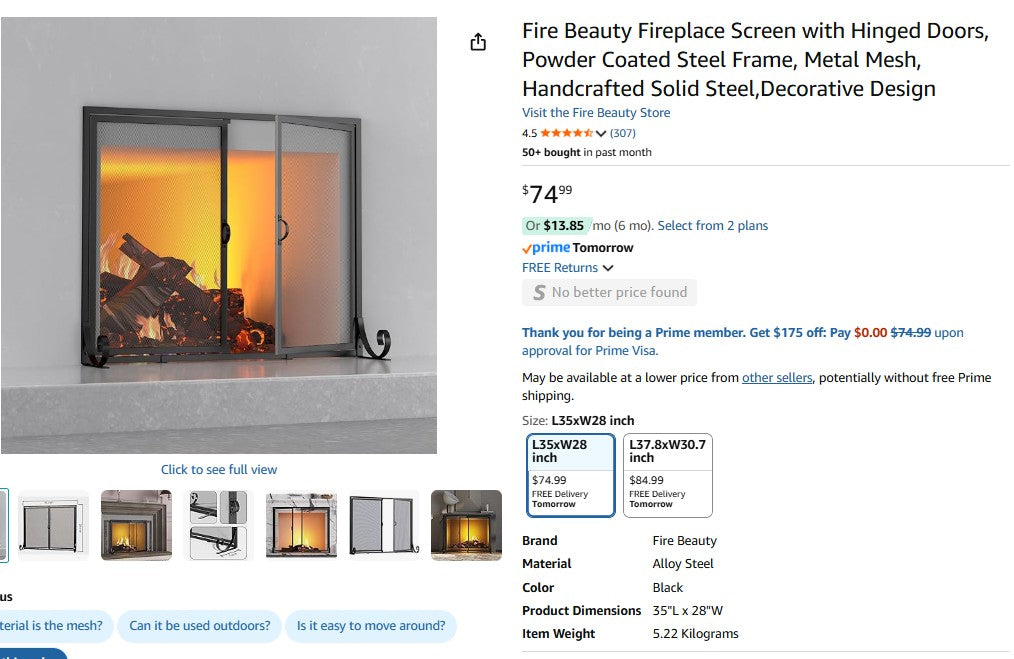 Fire Beauty Fireplace Screen with Hinged Doors, Powder Coated Steel Frame, Metal Mesh Fire Beauty