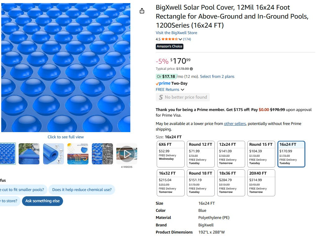 BigXwell Solar Pool Cover, 12Mil 16x24 Foot Rectangle for Above-Ground and In-Ground Pools BigXwell