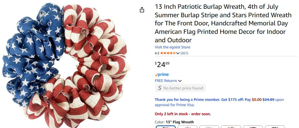 13 Inch Patriotic Burlap Wreath, 4th of July Summer Burlap Stripe and Stars Printed Wreath EgoLot