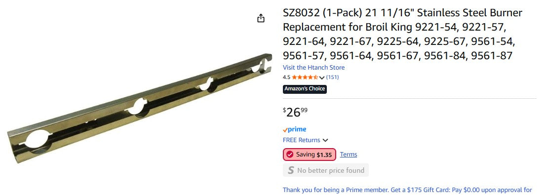 SZ8032 (1-Pack) 21 11/16" Stainless Steel Burner Replacement for Broil King Htanch