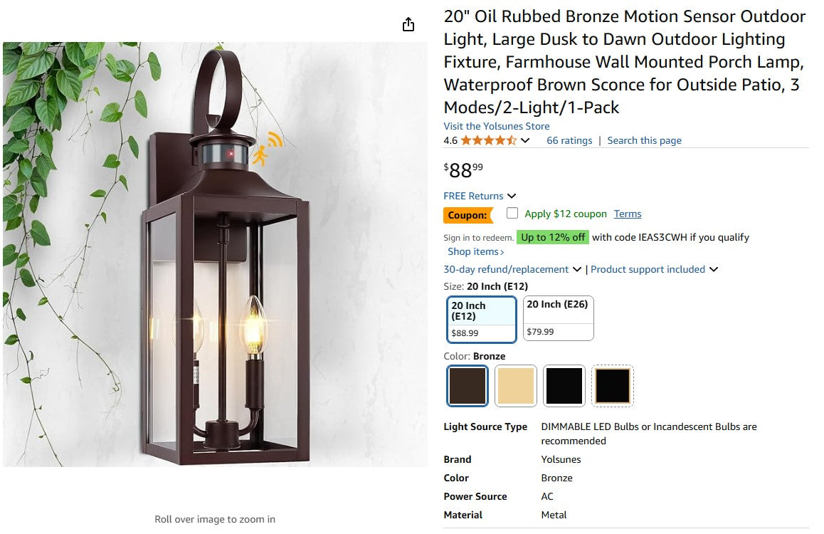 20" Oil Rubbed Bronze Motion Sensor Outdoor Light, Large Dusk to Dawn Yolsunes