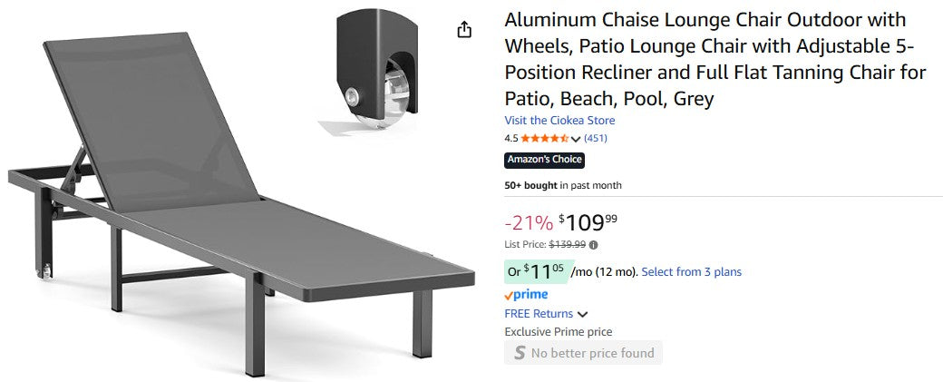 Aluminum Chaise Lounge Chair Outdoor with Wheels, Patio Lounge Chair Ciokea Store