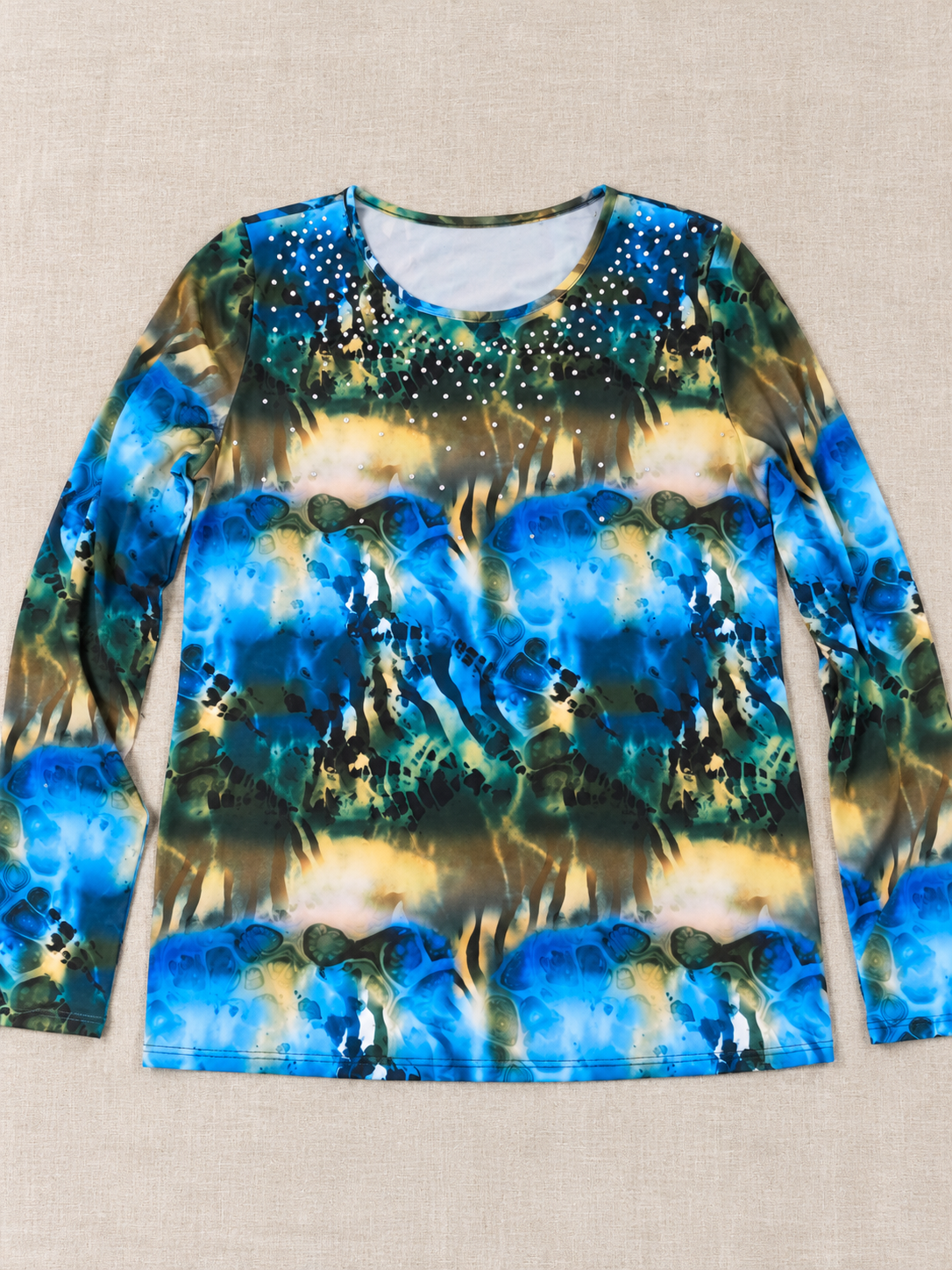 Women’s Embellished Abstract Print Long Sleeve Top – Large