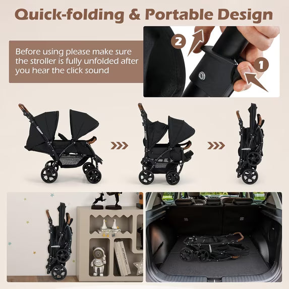 Double Stroller, Foldable Baby Tandem Stroller with Adjustable Backrest Canopy Footrest