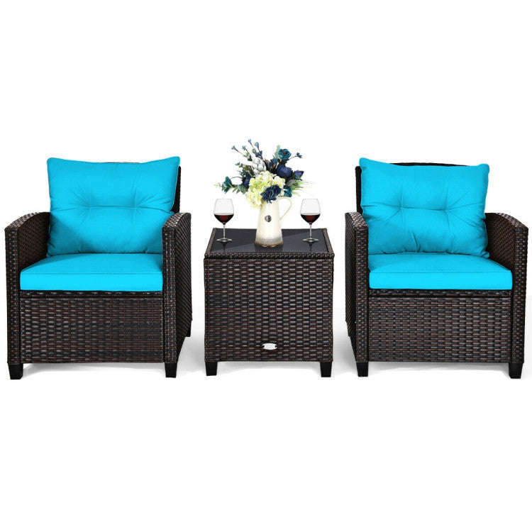 3 Pieces Rattan Patio Furniture Set with Washable Cushion