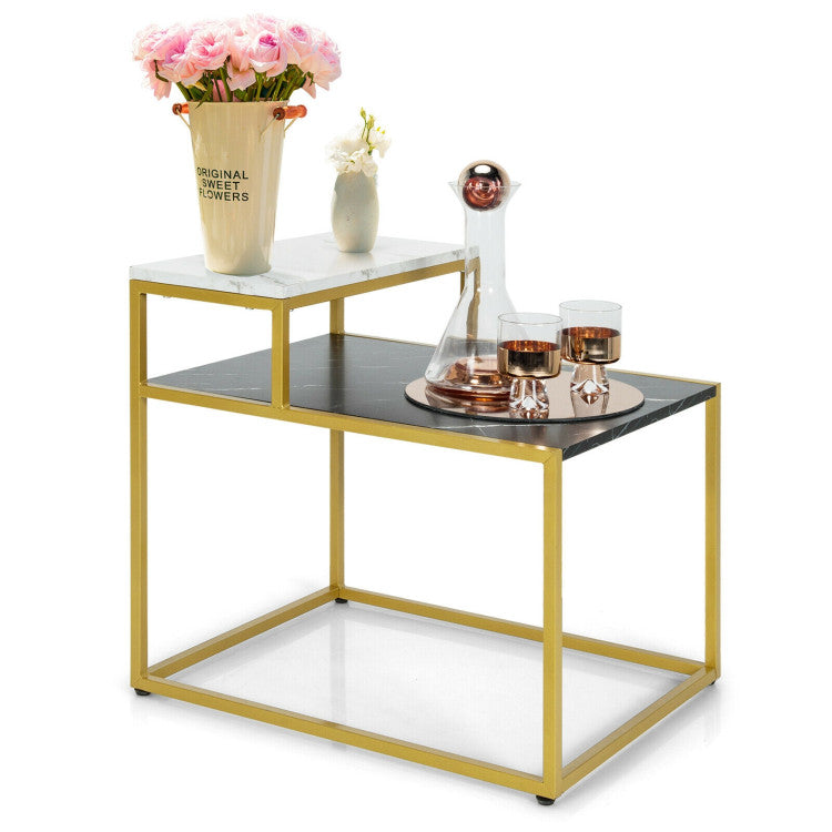 Costway 2-Tier Side Table - Marble Finish & Metal Frame