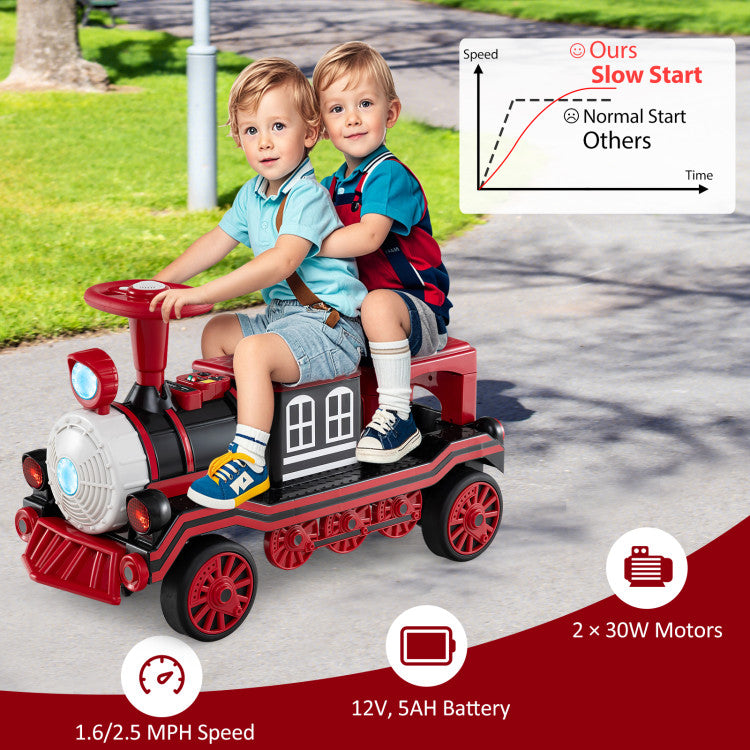12V 2-Seater Ride on Toy with Train Whistle and Removable Chair