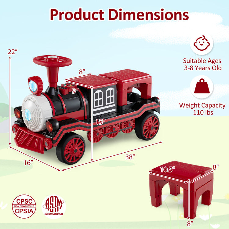 12V 2-Seater Ride on Toy with Train Whistle and Removable Chair