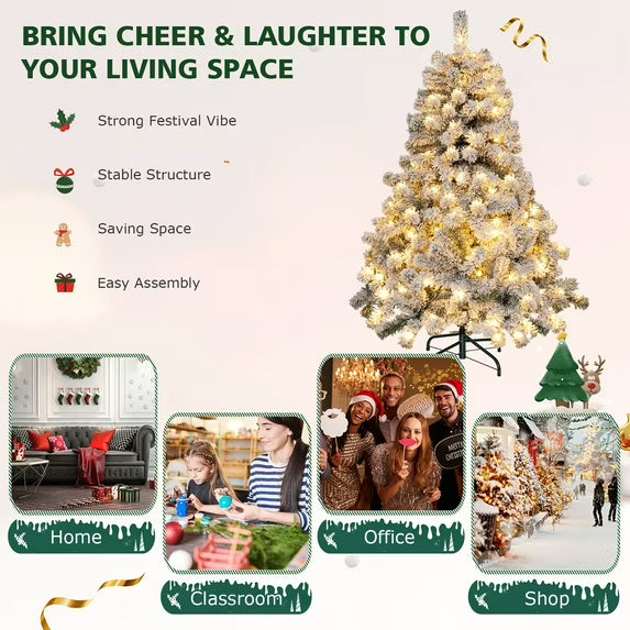 4.5ft Pre-Lit Premium Snow Flocked Hinged Artificial Christmas Tree w/150 Lights