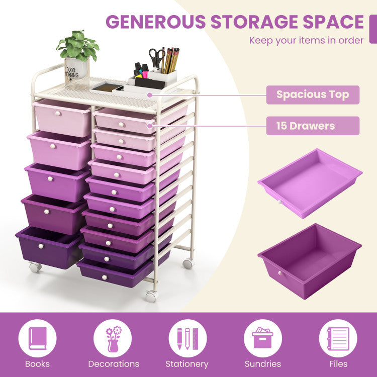15-Drawer Utility Rolling Cart with Drawers Multi-Use Storage