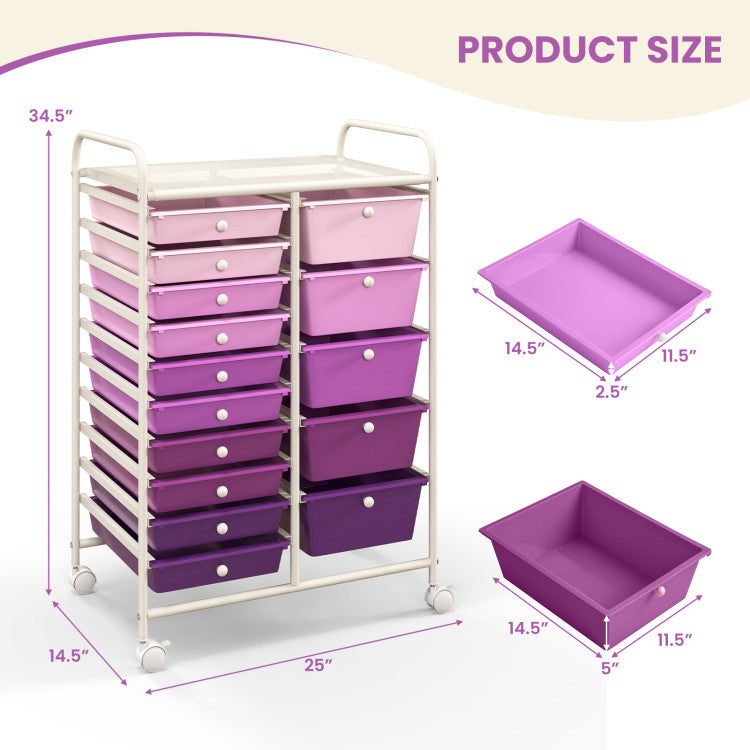 15-Drawer Utility Rolling Cart with Drawers Multi-Use Storage