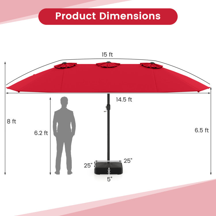 15 Feet Double-Sided Twin Patio Umbrella with Crank and Base