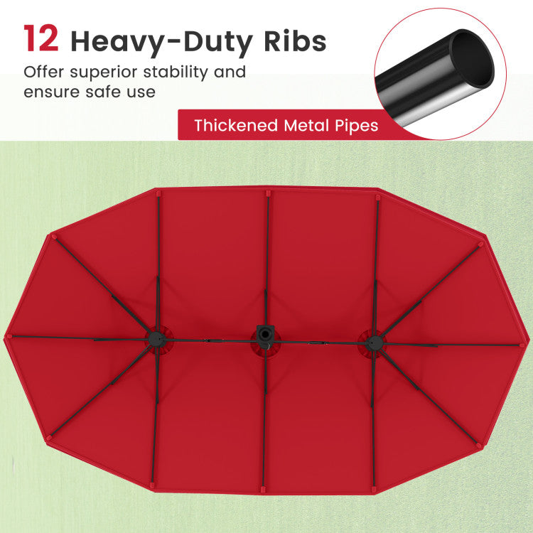 15 Feet Double-Sided Twin Patio Umbrella with Crank and Base
