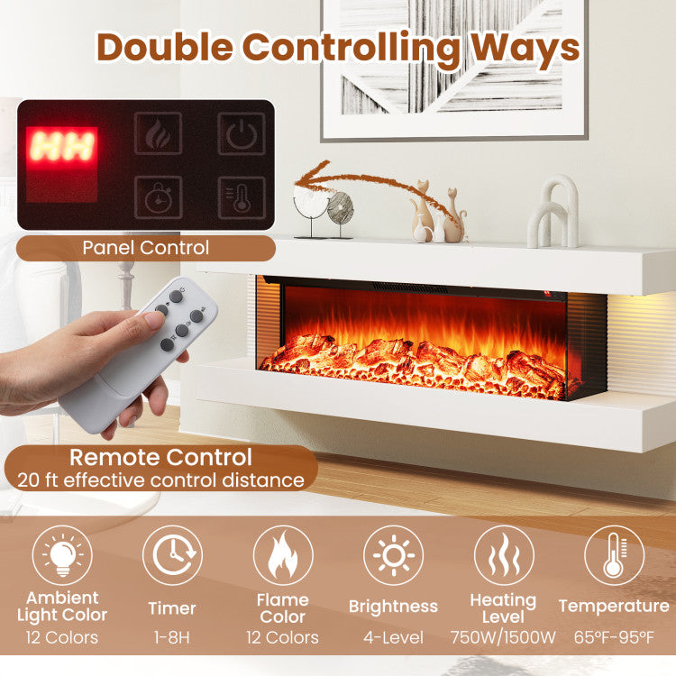 36 Inch 3-Sided Wall Mounted Electric Fireplace with 50 Inch Wide Floating Mantle