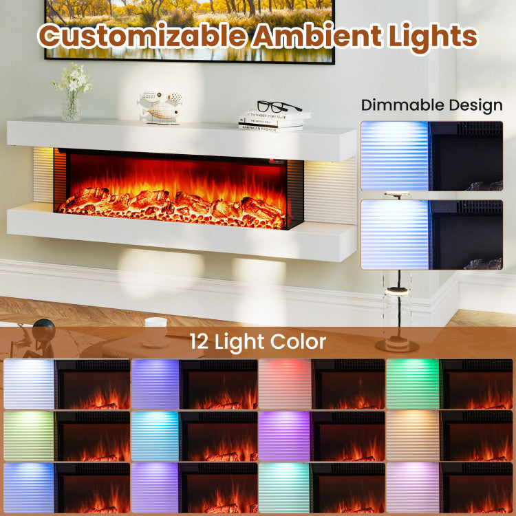 36 Inch 3-Sided Wall Mounted Electric Fireplace with 50 Inch Wide Floating Mantle