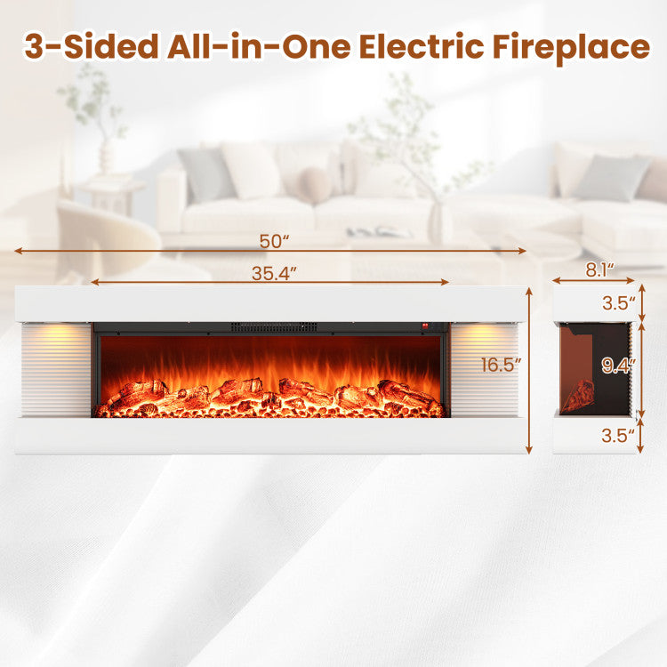 36 Inch 3-Sided Wall Mounted Electric Fireplace with 50 Inch Wide Floating Mantle