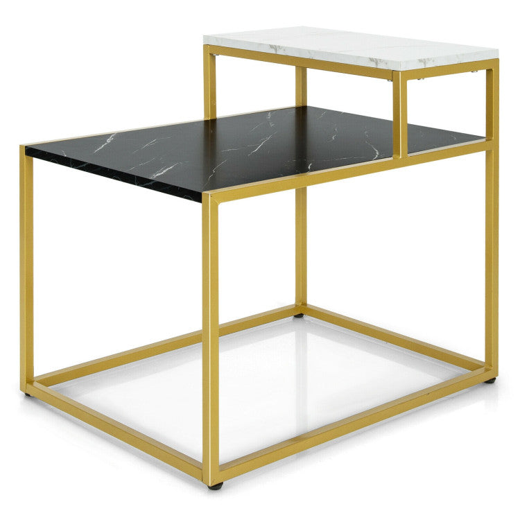 Costway 2-Tier Side Table - Marble Finish & Metal Frame
