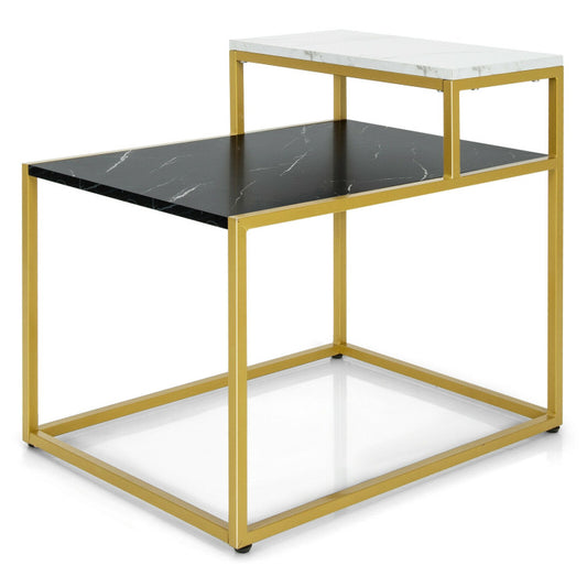 Costway 2-Tier Side Table - Marble Finish & Metal Frame