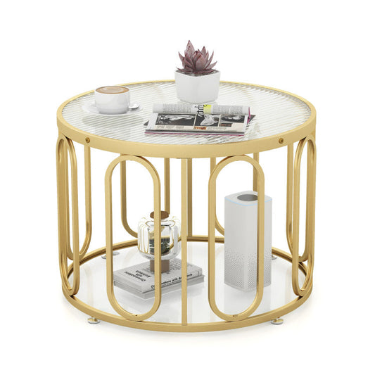 24 Inch Round Coffee Table with Reeded Tempered Glass Top and Oval Swivel Brackets Costway