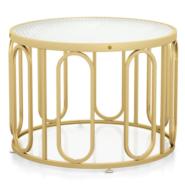 24 Inch Round Coffee Table with Reeded Tempered Glass Top and Oval Swivel Brackets Costway