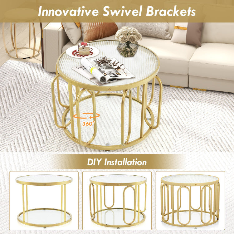 24 Inch Round Coffee Table with Reeded Tempered Glass Top and Oval Swivel Brackets Costway