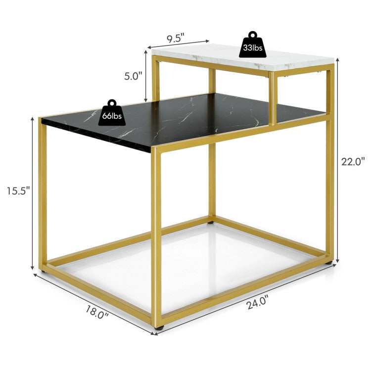 Costway 2-Tier Side Table - Marble Finish & Metal Frame