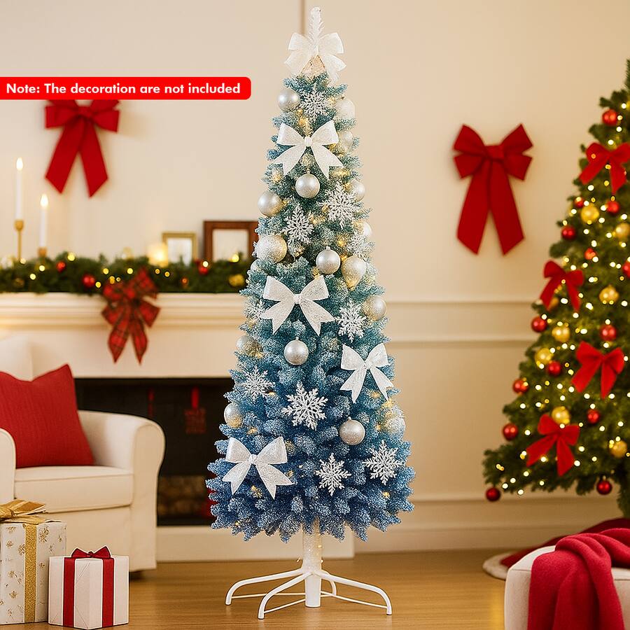 BreeBe - Snowy Gradient 7FT Xmas Tree – Full Artificial Flocked Christmas Tree - Blue BreeBe