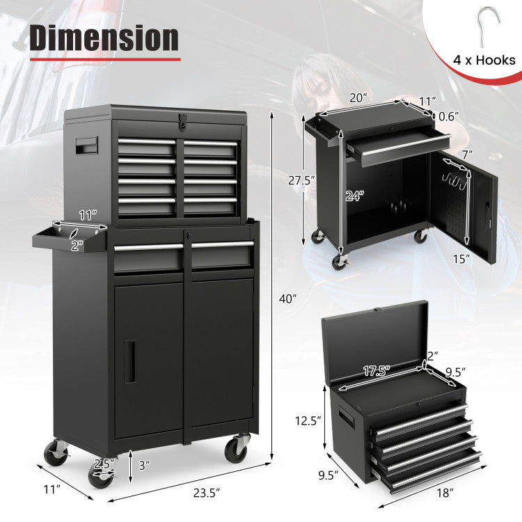 2-in-1 Rolling Tool Chest with 5 Sliding Lockable Drawers