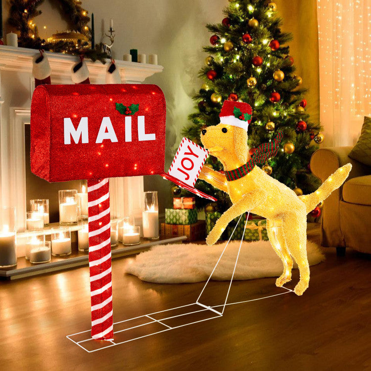 3.5 ft Christmas Mail Box with Dog and 120 Warm White LED Lights Costway