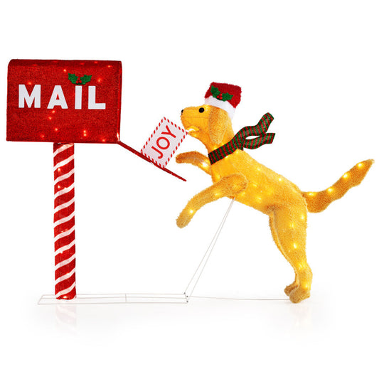 3.5 ft Christmas Mail Box with Dog and 120 Warm White LED Lights Costway