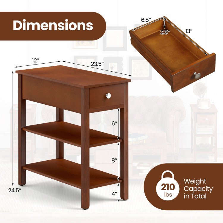 3-Tier Narrow End Table with Drawer and Storage Shelves Set of 2