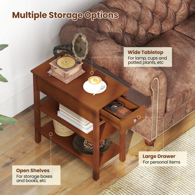 3-Tier Narrow End Table with Drawer and Storage Shelves Set of 2